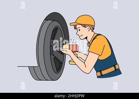 Réparation et travail avec les voitures concept.Jeune homme ouvrier réparateur mécanicien en uniforme et de fixation de chapeau et de travail avec les roues de voitures avec l'illustration de vecteur de forage Illustration de Vecteur