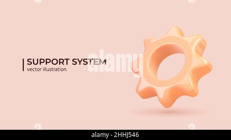Concept des systèmes de support.Service client ou assistance - conception réaliste 3D.Roue dentée réaliste dans une couleur tendance.Icônes volumétriques de COGS.Illustration vectorielle Illustration de Vecteur