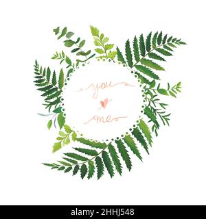 Feuilles vertes feuillage vecteur vert feuilles couronne de branches d'eucalyptus forêt fougère herbe plante mixte carte design délicat naturel rustique bel el Illustration de Vecteur