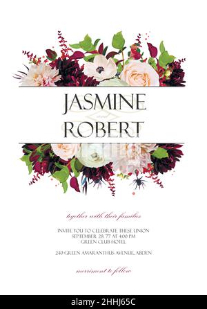 Invitation de mariage carte d'invitation Design: Rose Anemone Dahlia chardon fleur plante plante feuille bouquet cadre bordure couronne.Jardin floral Vector anniversaire Illustration de Vecteur