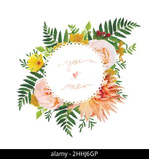 Guirlande lumineuse de fleurs bouquet de rose rose de jardin, jaune, calendula fleurs Dahlia orange Primrose feuilles vert fougère forêt luxuriante. Vec la mode mariage Illustration de Vecteur