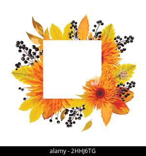 Carte à motif floral automne orange gerbera fleur noir branche baie jaune brun coloré arbre d'automne feuilles mariage beauté vecteur carte d'invitation malade Illustration de Vecteur