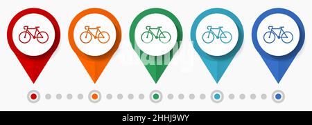 Vélo, vélo, jeu d'icônes vecteur de concept de sport, pointeurs de téléphone à conception plate, modèle d'infographie Illustration de Vecteur