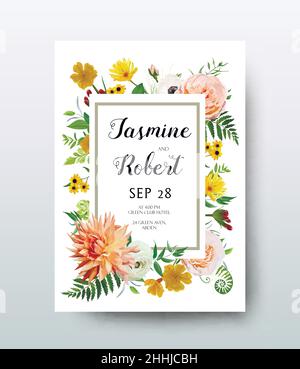 Invitation à un mariage, carte d'invitation Design: Rose Dahlia pêche Anemone calendula fleur jaune fougère feuille de plantes bordure.Vecteur anniversaire flore Illustration de Vecteur