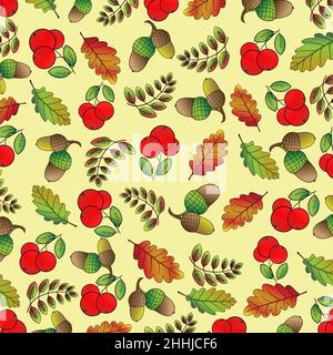 Motif sans couture avec feuilles et baies brillantes multicolores pour le thème de l'automne Illustration de Vecteur