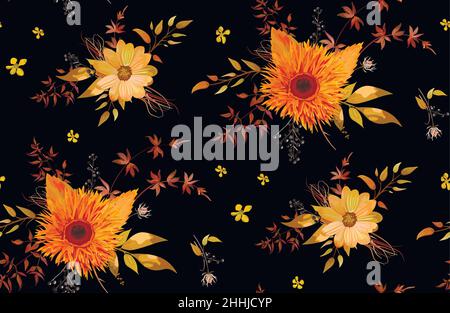 Vector sans couture motif floral de l'orange jaune gerbera fleur Marguerite cosmos fleurs aquarelle automne mignon coloré rouge brun feuilles de saison son de baies Illustration de Vecteur