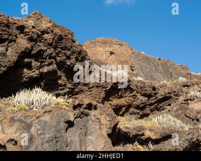 Teno, nord-ouest de Ténérife - péninsule avec phare, baie de pêche et baignade et plage, rochers et promenades en montagne.Teno Alto montagnes. Banque D'Images