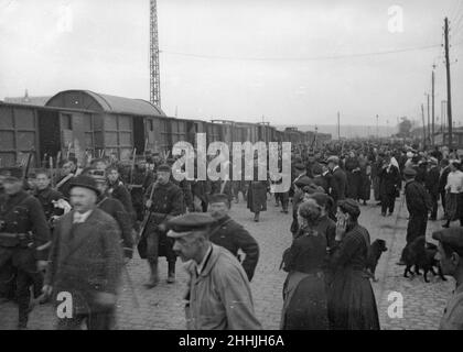 Des volontaires belges, y compris des hommes des colonies africaines belges, vus ici en train en France.Le train a été accueilli et acclamé par les habitants vers août 25th 1914. Banque D'Images