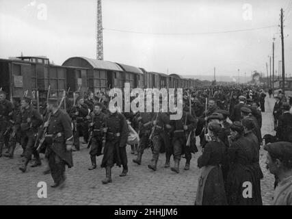 Des volontaires belges, y compris des hommes des colonies africaines belges, vus ici en train en France.Le train a été accueilli et acclamé par les habitants vers août 25th Banque D'Images