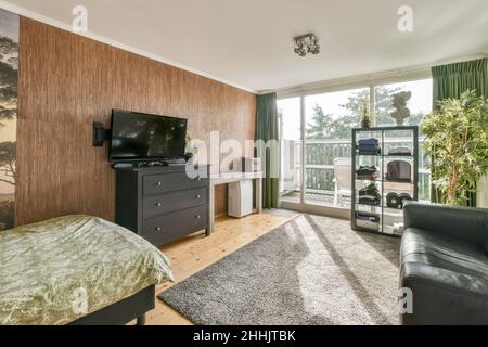 TV moderne suspendue sur la commode dans la chambre spacieuse pour adolescents avec lit et canapé en cuir au soleil Banque D'Images