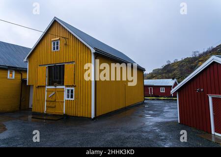 Petites maisons jaunes typiques situées près de la mer entourées de montagnes cachées sous le ciel brumeux dans le village de Nusfjord en Norvège Banque D'Images