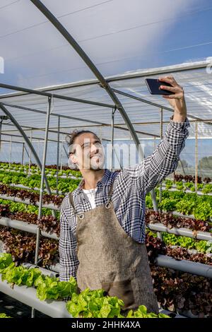 Un jardinier mâle positif en tablier se tenant autoportrait sur un téléphone portable entre les rangées de laitue dans une ferme hydroponique Banque D'Images