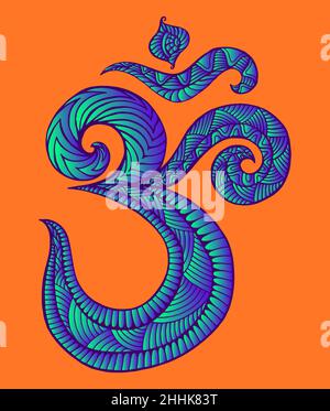 Motif coloré de symbole Om sacré avec labyrinthe d'ornements, couleur violet bleu dégradé de néon éclatant, isolé sur fond orange.Style bohémien ele Illustration de Vecteur