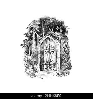 Portails ou portes ou portail.Modèle pour étiquette de vin ou d'alcool.Vieux morceaux de gravure vintage rues.Partie du bâtiment sur l'arrière-plan de Illustration de Vecteur