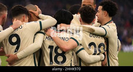 Londres, Royaume-Uni.23rd janvier 2022.Fabinho de Liverpool (2nd à gauche) célèbre avec ses coéquipiers après avoir obtenu le troisième but de son équipe à partir de la zone de pénalité.Match de première ligue, Crystal Palace v Liverpool au stade Selhurst Park à Londres le dimanche 23rd janvier 2022. Cette image ne peut être utilisée qu'à des fins éditoriales.Utilisation éditoriale uniquement, licence requise pour une utilisation commerciale.Aucune utilisation dans les Paris, les jeux ou les publications d'un seul club/ligue/joueur. photo par Steffan Bowen/Andrew Orchard sports photographie/Alay Live news crédit: Andrew Orchard sports photographie/Alay Live News Banque D'Images