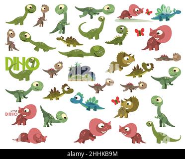 Dessins animés dinosaures.Jouets dino mignons.Enfants personnages bébé.Grand ensemble.Isolé sur fond blanc.Vecteur Illustration de Vecteur