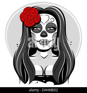 Dia de los muertos, jour des morts, vacances mexicaines, festival. Affiche, bannière et carte avec maquillage du crâne de sucre, femme avec couronne de fleur Illustration de Vecteur