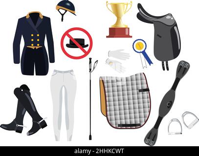 Collection de divers outils de dressage de chevaux et illustration de vecteur d'usure d'équitation Illustration de Vecteur
