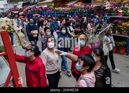 Hong Kong, Chine.23rd janvier 2022.Les gens achètent des fleurs typiques du nouvel an chinois sur un marché aux fleurs avant le nouvel an chinois lunaire 2022 du tigre à Hong Kong le 23 janvier 2022.Le gouvernement de Hong Kong a réintroduit des restrictions sociales Covid plus strictes, obligeant les écoles, les entreprises et les lieux publics à fermer jusqu'après les vacances et les festivités du nouvel an chinois (CNY) pour contrôler la propagation de la variante Omicron, la stratégie du gouvernement visant à zéro infection dans la ville.(Photo par Miguel Candela/ SOPA Images/Sipa USA) crédit: SIPA USA/Alay Live News Banque D'Images