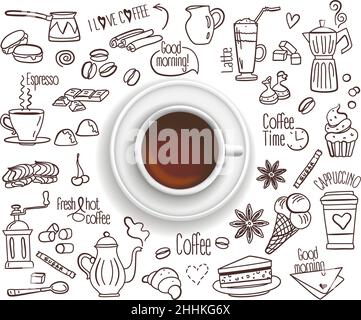 Illustration vectorielle à motif dessiné à la main, tasse à café avec lot d'icônes de boisson au café dans un style doodle, pour un motif graphique et un motif Web Illustration de Vecteur