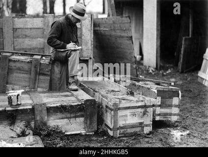 Vérification des pierres emballées dans les caisses du Cook's Cottage démantelé à Great Ayton, près de Darlington.Les pierres doivent être expédiées en Australie, où le cottage sera reconstruit.31st janvier 1934. Banque D'Images