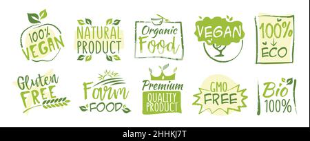Deuxième jeu d'autocollants Bio et Eco, illustration vectorielle pour le graphisme et le web design Illustration de Vecteur