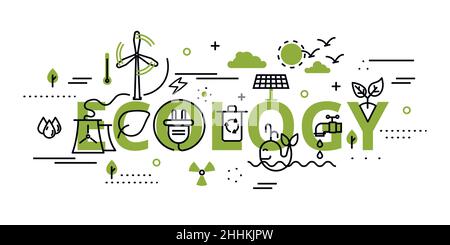 Illustration vectorielle moderne à lignes fines plates, infographie sur le problème écologique, génération et économie d'énergie verte en couleur verte, pour les GR Illustration de Vecteur