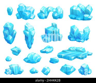 Dessin animé cristaux de glace congelés et des glaçons, blocs et icebergs, pierres magiques actif de jeu.Floes glacés bleu vectoriel, minéral salé ou stalagmites de caverne.Bouchon s Illustration de Vecteur