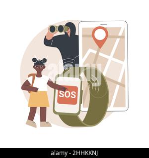 Illustration du vecteur de concept abstrait du bouton d'urgence personnel.Bouton GPS SOS intégré, solution de sécurité personnelle, appareil portable, soin de vos enfants et métaphore abstraite de la vie des aînés. Illustration de Vecteur