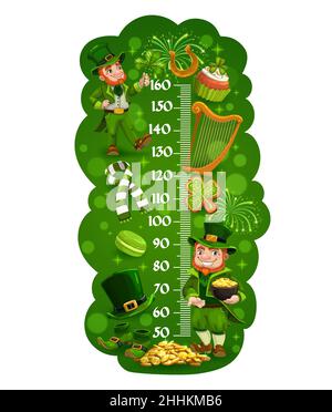 Tableau de hauteur pour enfants avec dessin animé leprechuns mignon, mesure de croissance vecteur.Balance de mesure de hauteur pour enfants ou mètre de hauteur pour bébé avec le Patrick irlandais le Illustration de Vecteur