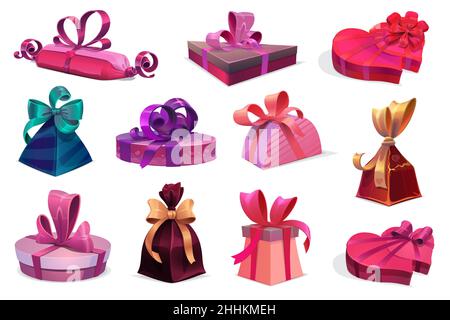 Ensemble de cadeaux et de cadeaux de fête avec boîtes, paquets et paquets de fête de dessin animé, orné de rubans et de noeuds.Boîtes-cadeaux isolées en emballage Illustration de Vecteur