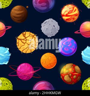 Galaxy espace étoiles et planètes motif sans couture, fond d'univers vectoriel.Les astéroïdes de galaxie et les planètes spatiales de fantaisie avec des météorites satellites ont rencontré Illustration de Vecteur