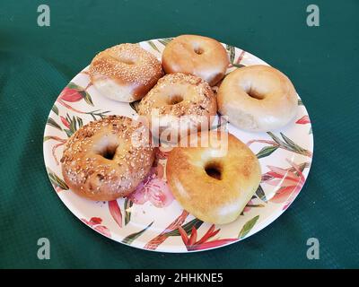 Plusieurs bagels de Boichik Bagel sur une assiette à Lafayette, Californie, 27 juin 2021. Banque D'Images