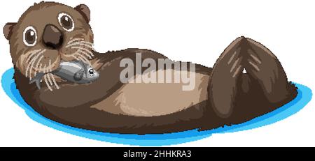 Joli petit loutre attrapant du poisson tout en flottant illustration Illustration de Vecteur