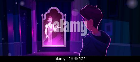 Un homme dans une maison hantée avec un fantôme apparaît dans le miroir.Halloween sombre sinistre abandonné vieux bâtiment avec l'esprit mort à l'intérieur.Visite virtuelle, livre d'aventure ou personnages de jeu, illustration vectorielle de dessin animé Illustration de Vecteur