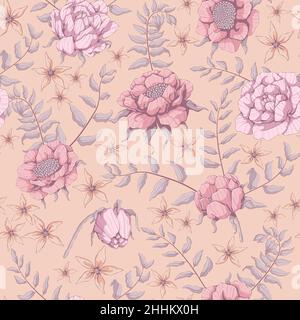 Motif fleuri sans couture.Arrière-plan Roses and Peonies.Fleurs roses et branche grise avec feuilles.Imprimé végétal vectoriel dessiné à la main.Pour des Illustration de Vecteur