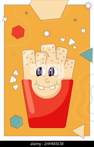 Comic french fries dans un style de dessin animé rétro tendance drôle de personnage de frites sur fond abstrait Illustration de Vecteur