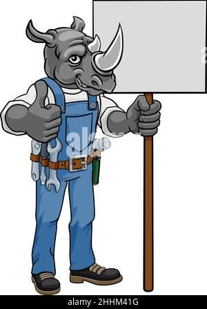 Rhino Cartoon Mascot Handyman Holding Sign Illustration de Vecteur