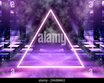 Triangle lumineux au néon, brouillard et murs lumineux - illustration abstraite 3D Banque D'Images