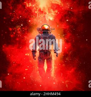 Exploration d'une galaxie d'étoiles - 3D illustration d'une scène de science-fiction avec un astronaute qui marche dans l'espace au milieu de galaxies colorées Banque D'Images
