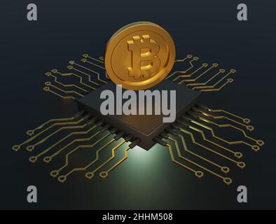 La crypto-monnaie Bitcoin planant sur le dessus d'un processeur.Concept d'exploitation des processeurs.3D illustration du rendu. Banque D'Images