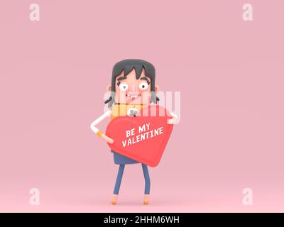 Charmant personnage tenant une forme de coeur d'amour pour donner à quelqu'un.Amoureux.3d illustration.Isolé. Banque D'Images