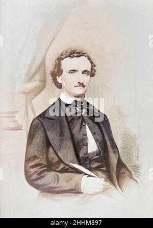 Edgar Allen PoE, 1809 - 1849.Auteur américain, célèbre pour des histoires telles que le Pit et le Pendalum et les meurtres dans la rue Morgue.Après un portrait de 19th siècle.Colorisation ultérieure. Banque D'Images