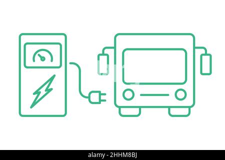 Charge du bus électrique à la station de charge.Icône de ligne.Contour E-bus vert.Zéro émission.Transport écologique de la ville.Sources d'énergie renouvelables.Vecteur Illustration de Vecteur