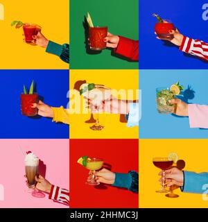 Collage d'images avec des mains de femmes tenant des verres avec différentes boissons alcoolisées et des cocktails sur fond de couleurs vives.Vintage, retso Banque D'Images