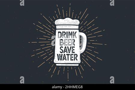 Buvez de la bière économisez de l'eau.Lettrage vintage dessiné à la main pour le bar à bière, le pub, le menu des boissons.Design rétro pour la bière avec dessin de la ligne de rayons de soleil en forme de cercle.Illustration vectorielle Illustration de Vecteur