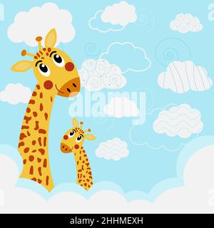 Vecteur de dessin animé de la mère et du bébé girafes au-dessus des nuages Illustration de Vecteur