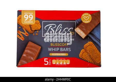 Boîte de Bliss Blisscoff barres de whip sans gluten Profitez de moi sans culpabilité moins de 99 calories isolées sur fond blanc Banque D'Images