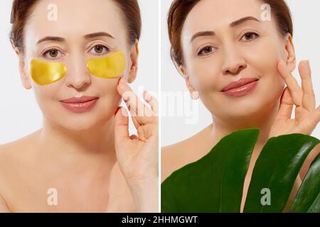 Macro visage de femme avant après le soin de beauté.Sacs avant-après sous les yeux.Femme d'âge moyen.Portrait de beauté de la femme d'âge moyen avec rides an Banque D'Images