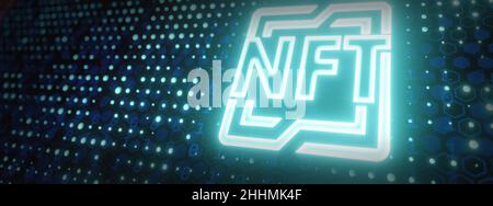 Concept futuriste de jetons métaverse non fongibles, NFT Neon circuit board sign-Picture, crypto art Banque D'Images